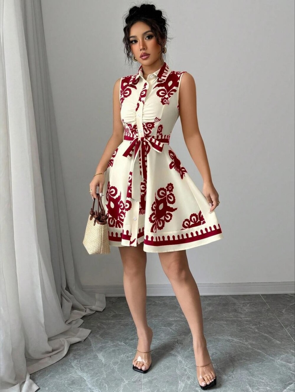 Sleeveless Cream Dress with Red Floral Print and Tie Waist - Full & Plus Sizes - Picture 4 of 6